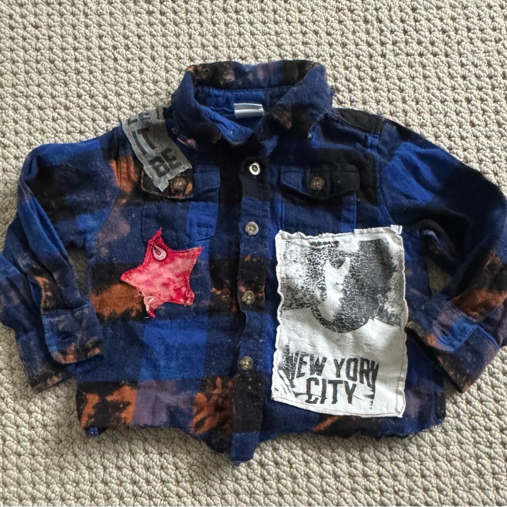 Kids Blue Vintage Plaid Flannel Shirt with Patches